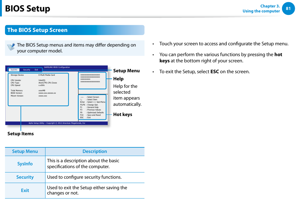 Bios setup, The bios setup screen | Samsung XE500T1C-A01US User Manual | Page 82 / 119