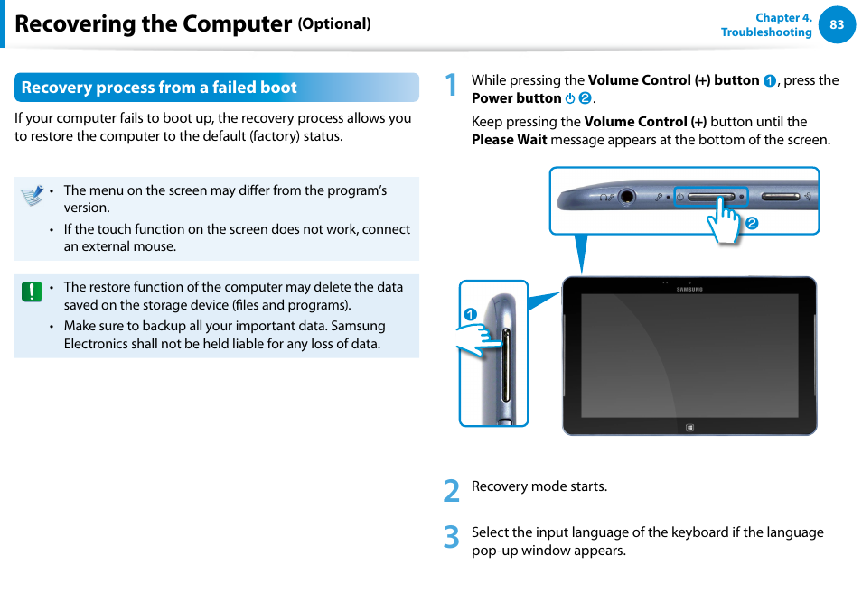 Recovering the computer (optional), Recovering the computer | Samsung XE500T1C-A01US User Manual | Page 84 / 119