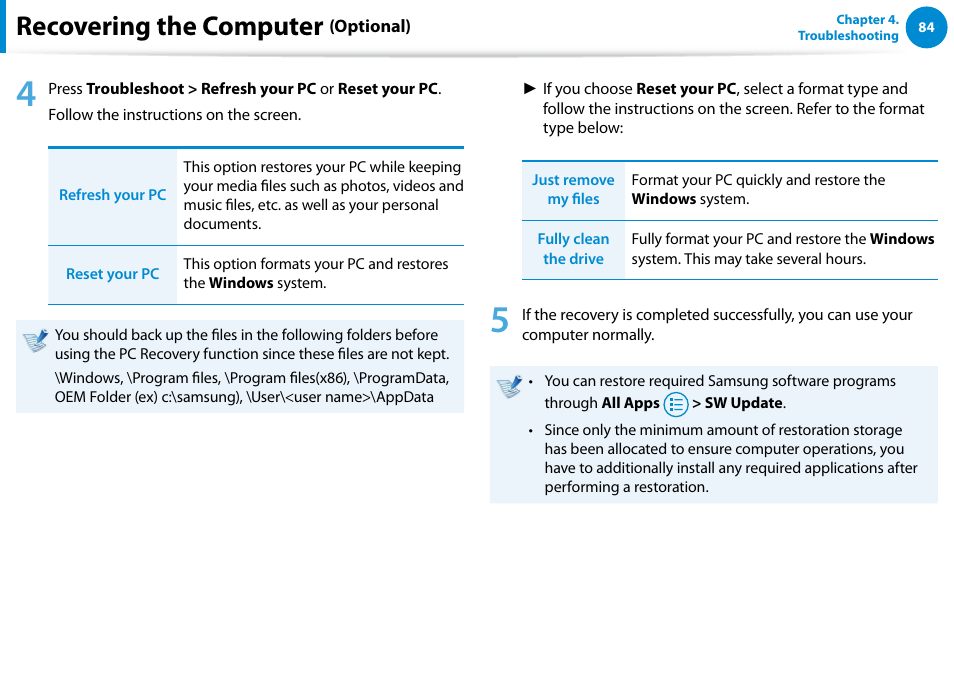 Recovering the computer | Samsung XE500T1C-A01US User Manual | Page 85 / 119