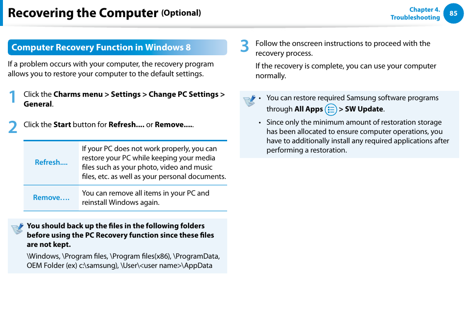 Recovering the computer | Samsung XE500T1C-A01US User Manual | Page 86 / 119