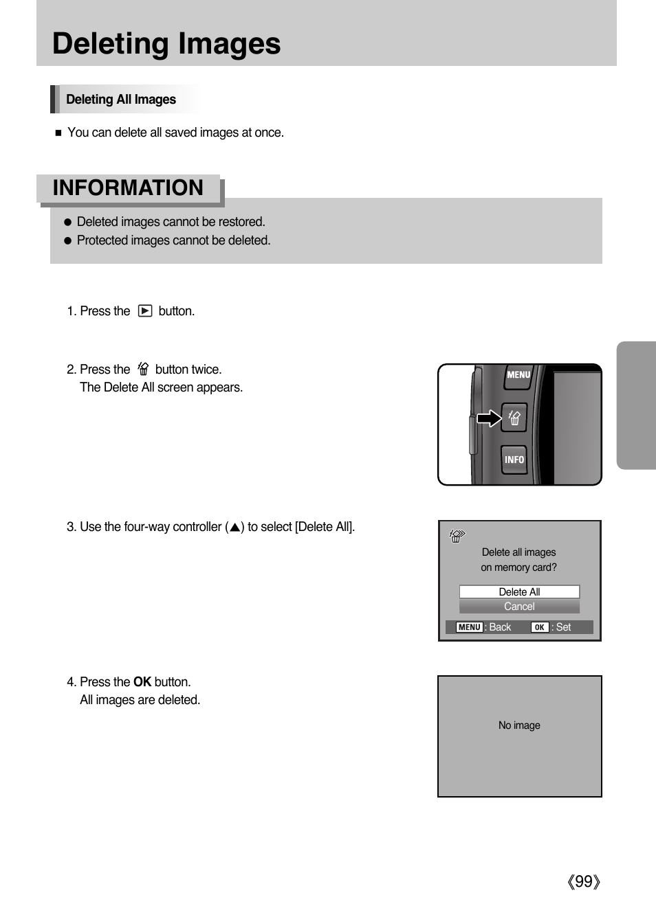 Deleting images, Information, Ŝ99ş | Samsung Digital Camera (empowered to achieve) User Manual | Page 100 / 262