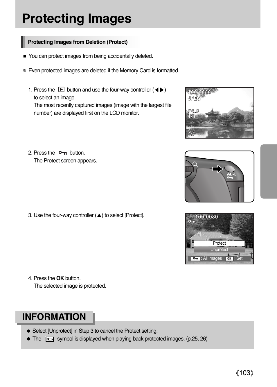 Protecting images, Information, Ŝ103ş | Samsung Digital Camera (empowered to achieve) User Manual | Page 104 / 262