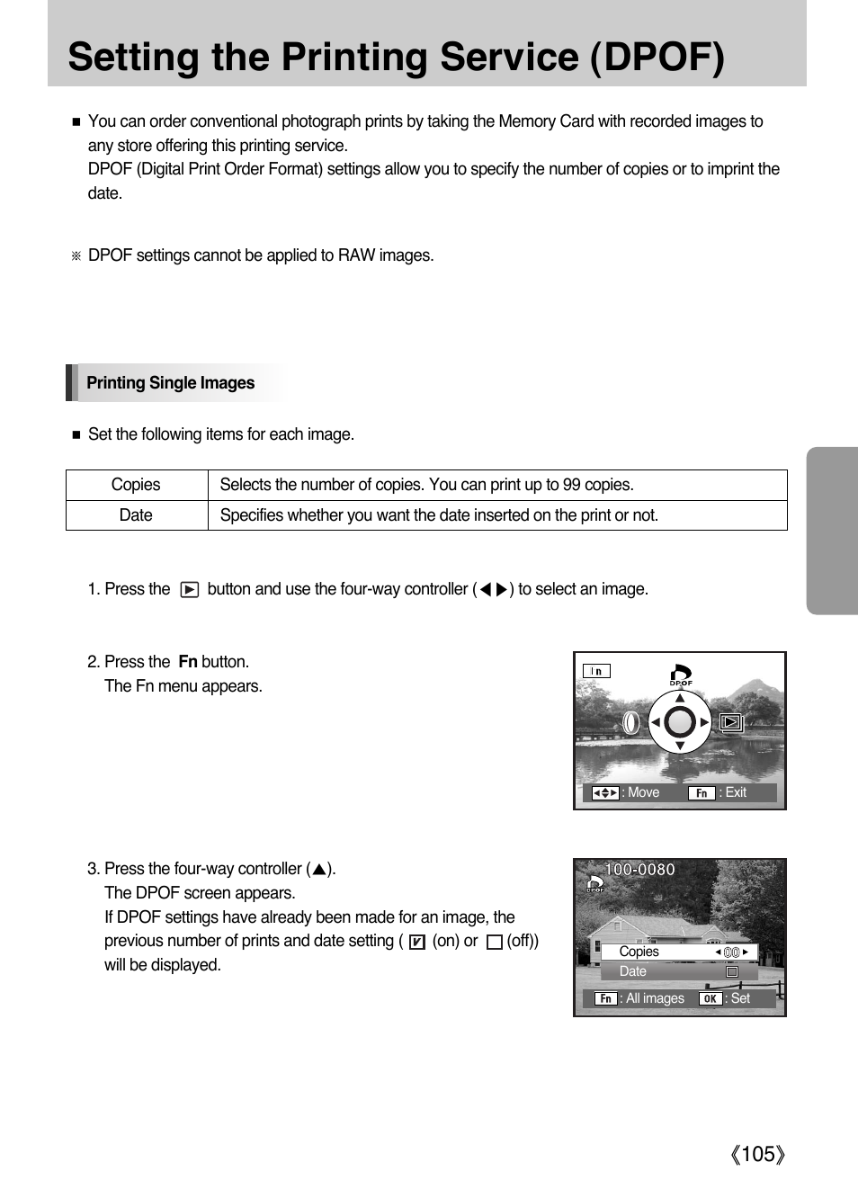 Setting the printing service (dpof), Ŝ105ş | Samsung Digital Camera (empowered to achieve) User Manual | Page 106 / 262
