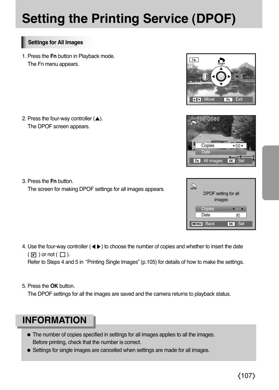 Setting the printing service (dpof), Information, Ŝ107ş | Samsung Digital Camera (empowered to achieve) User Manual | Page 108 / 262