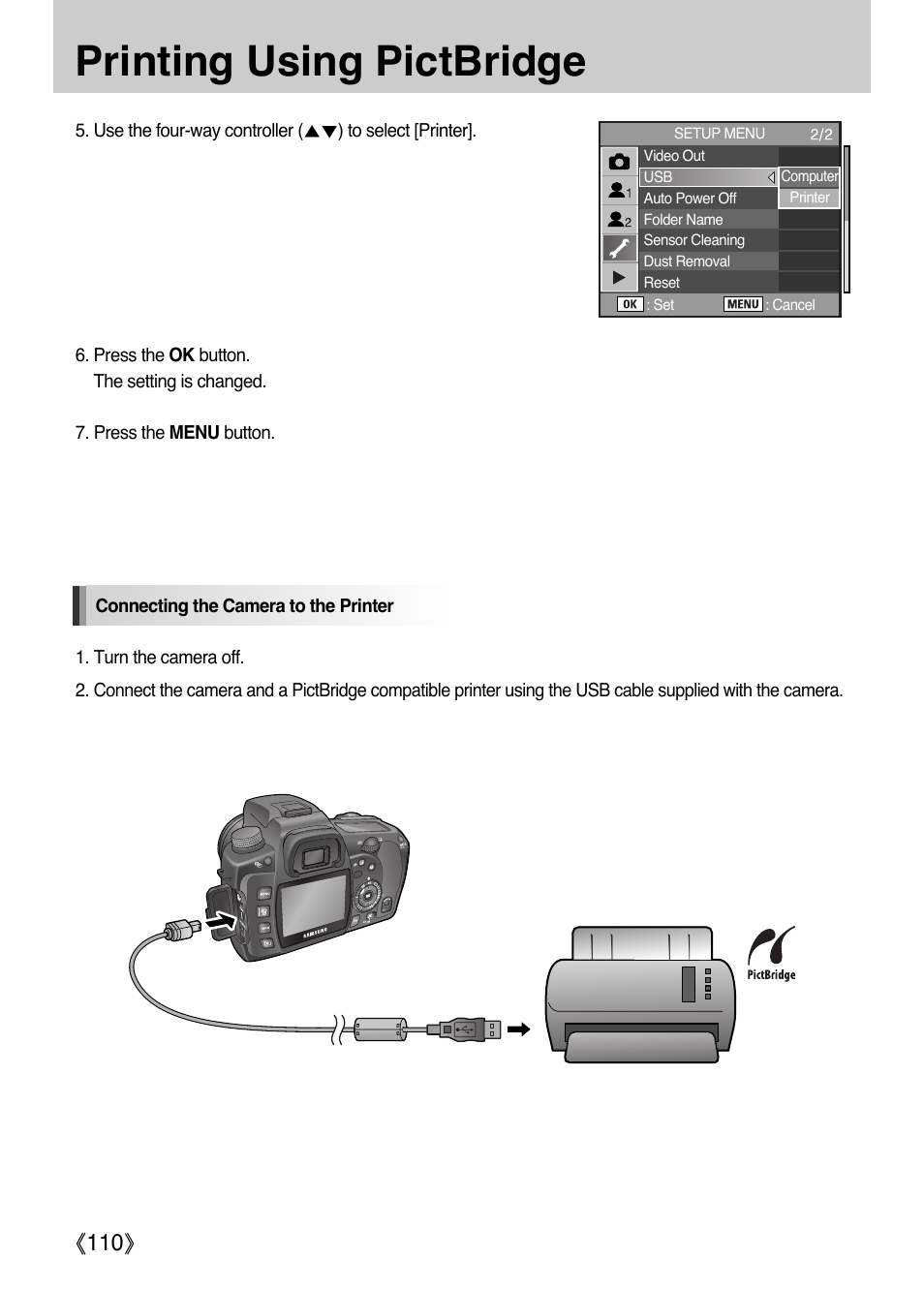 Printing using pictbridge, Ŝ110ş | Samsung Digital Camera (empowered to achieve) User Manual | Page 111 / 262