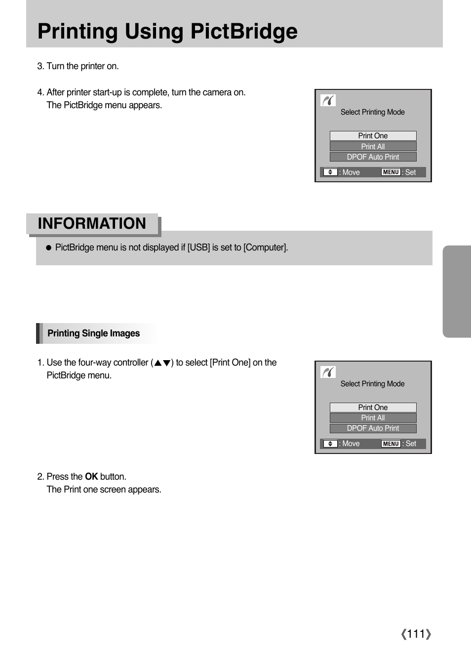 Printing using pictbridge, Information, Ŝ111ş | Samsung Digital Camera (empowered to achieve) User Manual | Page 112 / 262