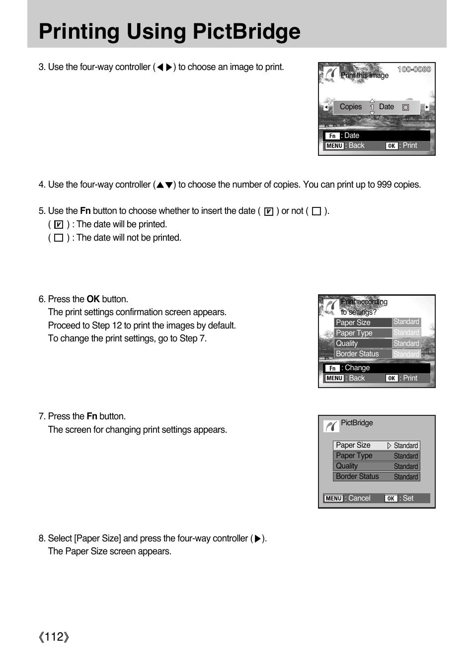 Printing using pictbridge, Ŝ112ş | Samsung Digital Camera (empowered to achieve) User Manual | Page 113 / 262