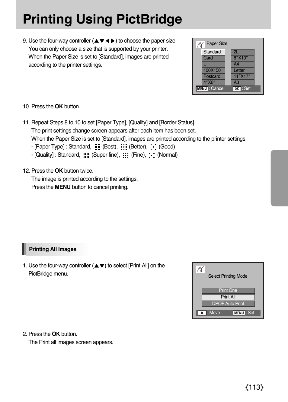 Printing using pictbridge, Ŝ113ş | Samsung Digital Camera (empowered to achieve) User Manual | Page 114 / 262