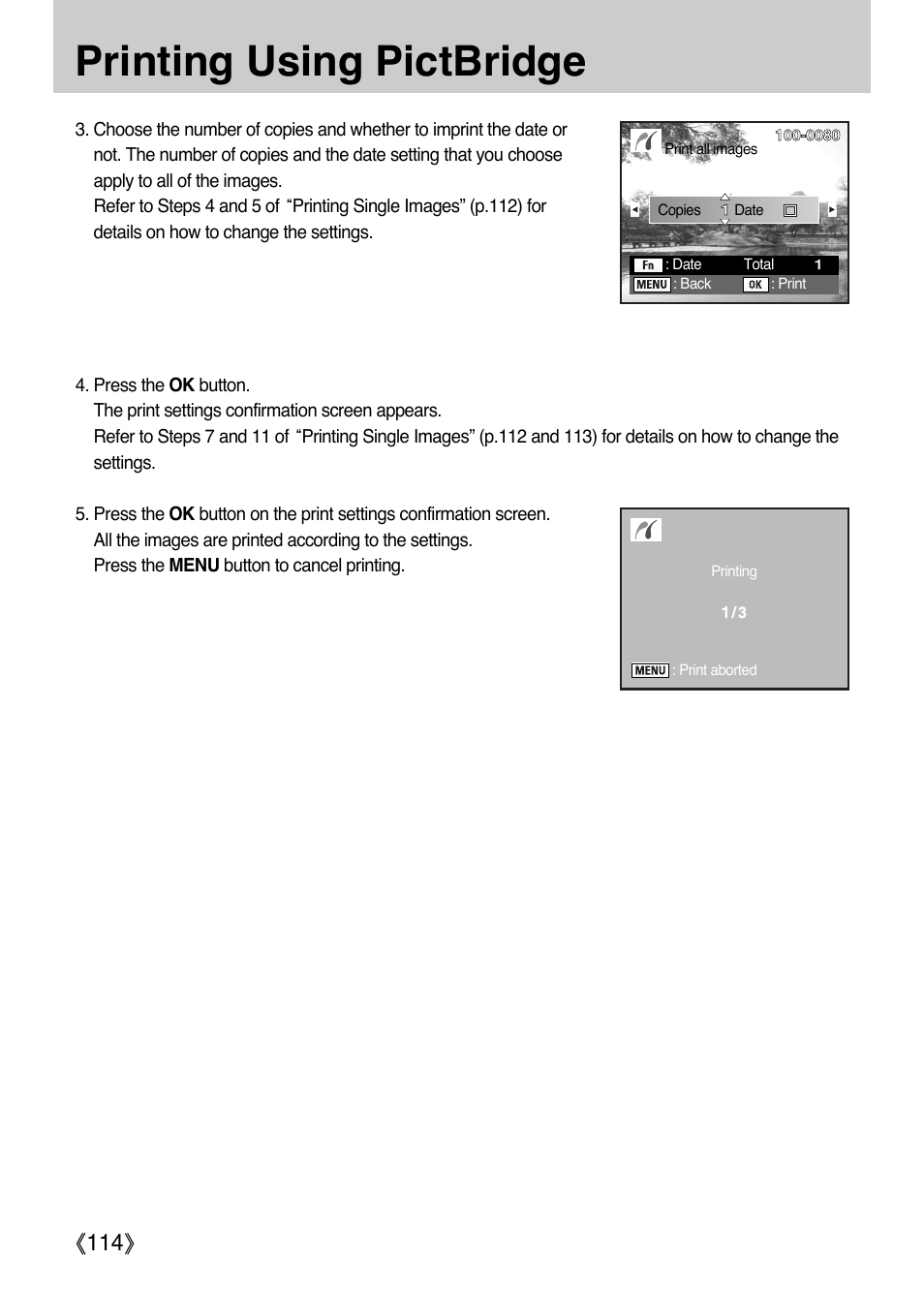 Printing using pictbridge, Ŝ114ş | Samsung Digital Camera (empowered to achieve) User Manual | Page 115 / 262