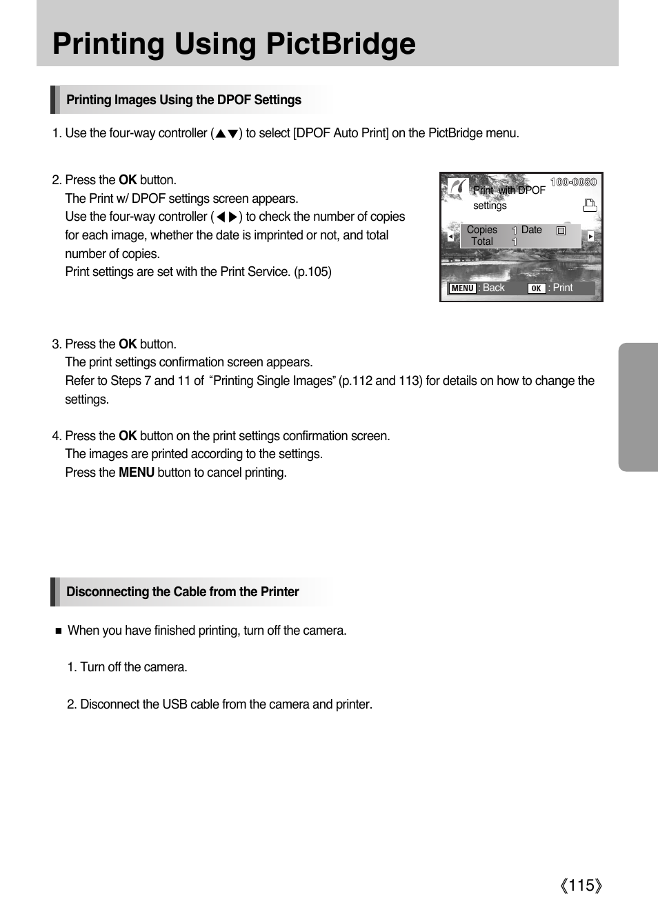 Printing using pictbridge, Ŝ115ş | Samsung Digital Camera (empowered to achieve) User Manual | Page 116 / 262