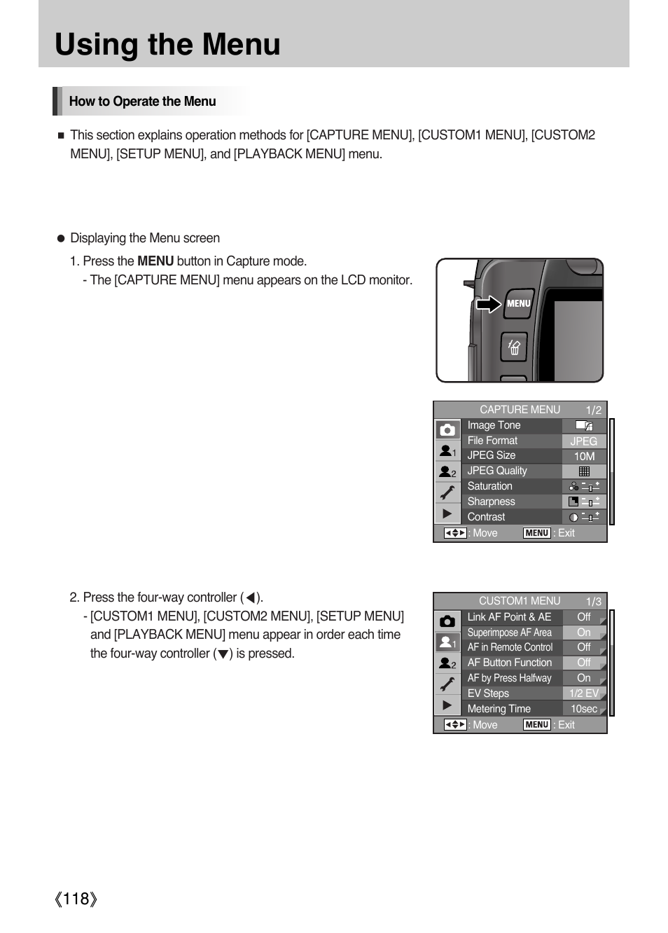 Using the menu, Ŝ118ş | Samsung Digital Camera (empowered to achieve) User Manual | Page 119 / 262