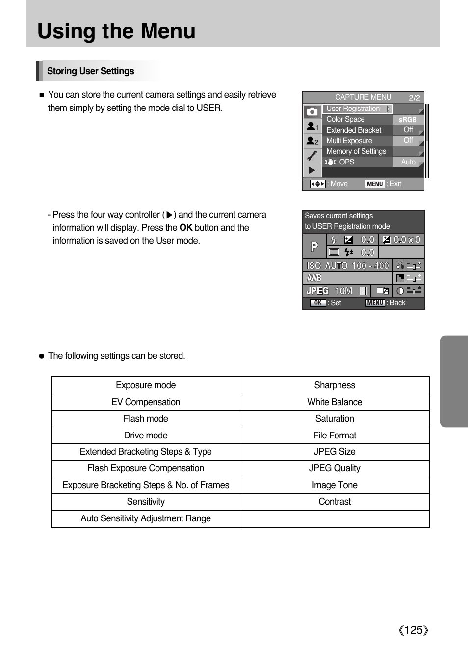 Using the menu, Ŝ125ş | Samsung Digital Camera (empowered to achieve) User Manual | Page 126 / 262