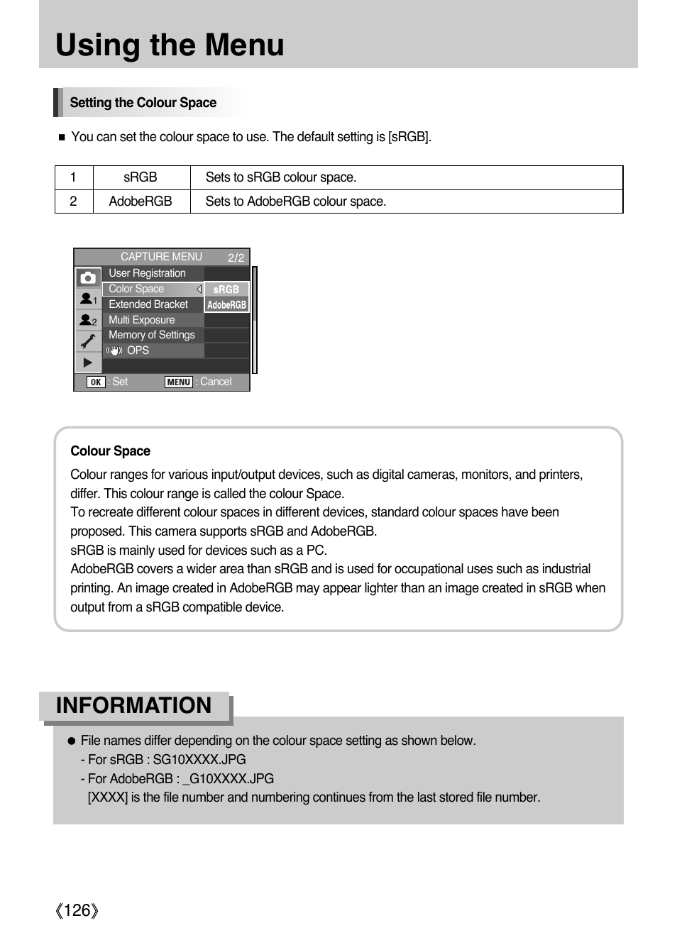 Using the menu, Information, Ŝ126ş | Samsung Digital Camera (empowered to achieve) User Manual | Page 127 / 262