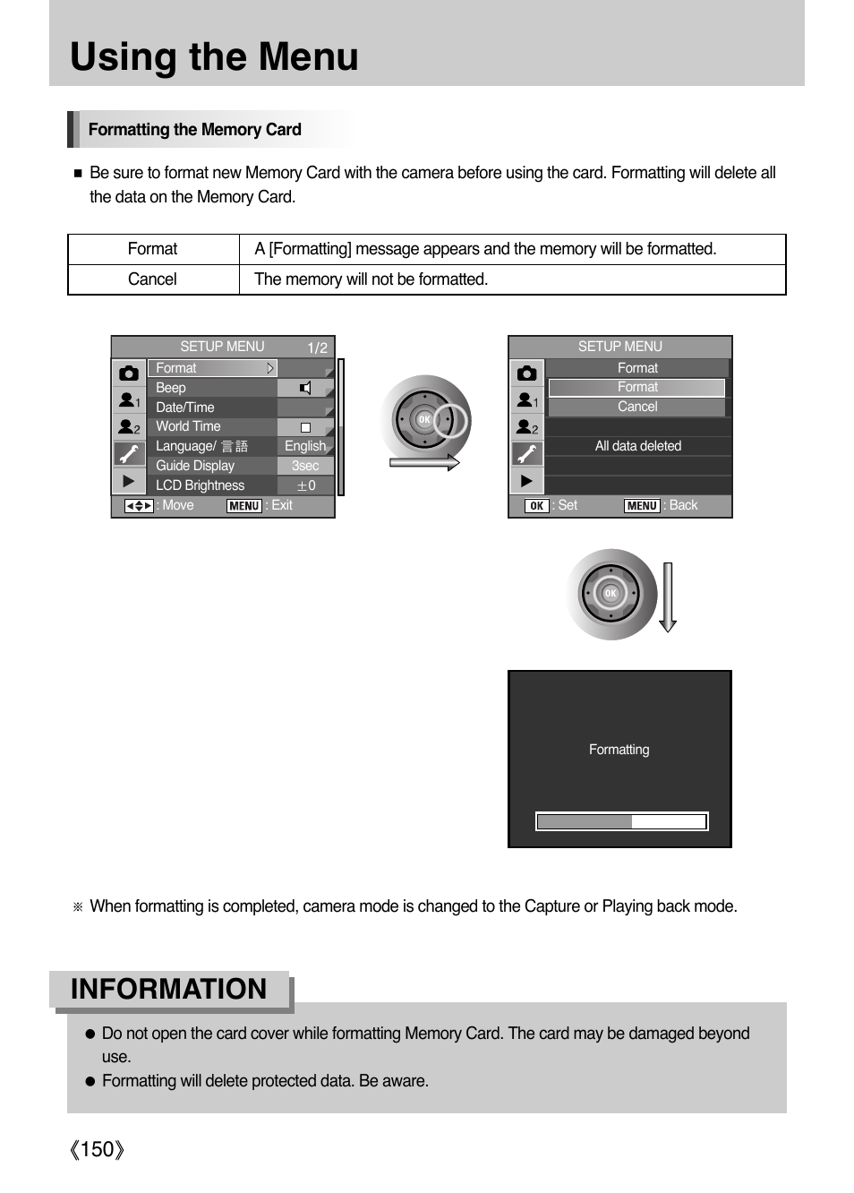 Using the menu, Information, Ŝ150ş | Samsung Digital Camera (empowered to achieve) User Manual | Page 151 / 262