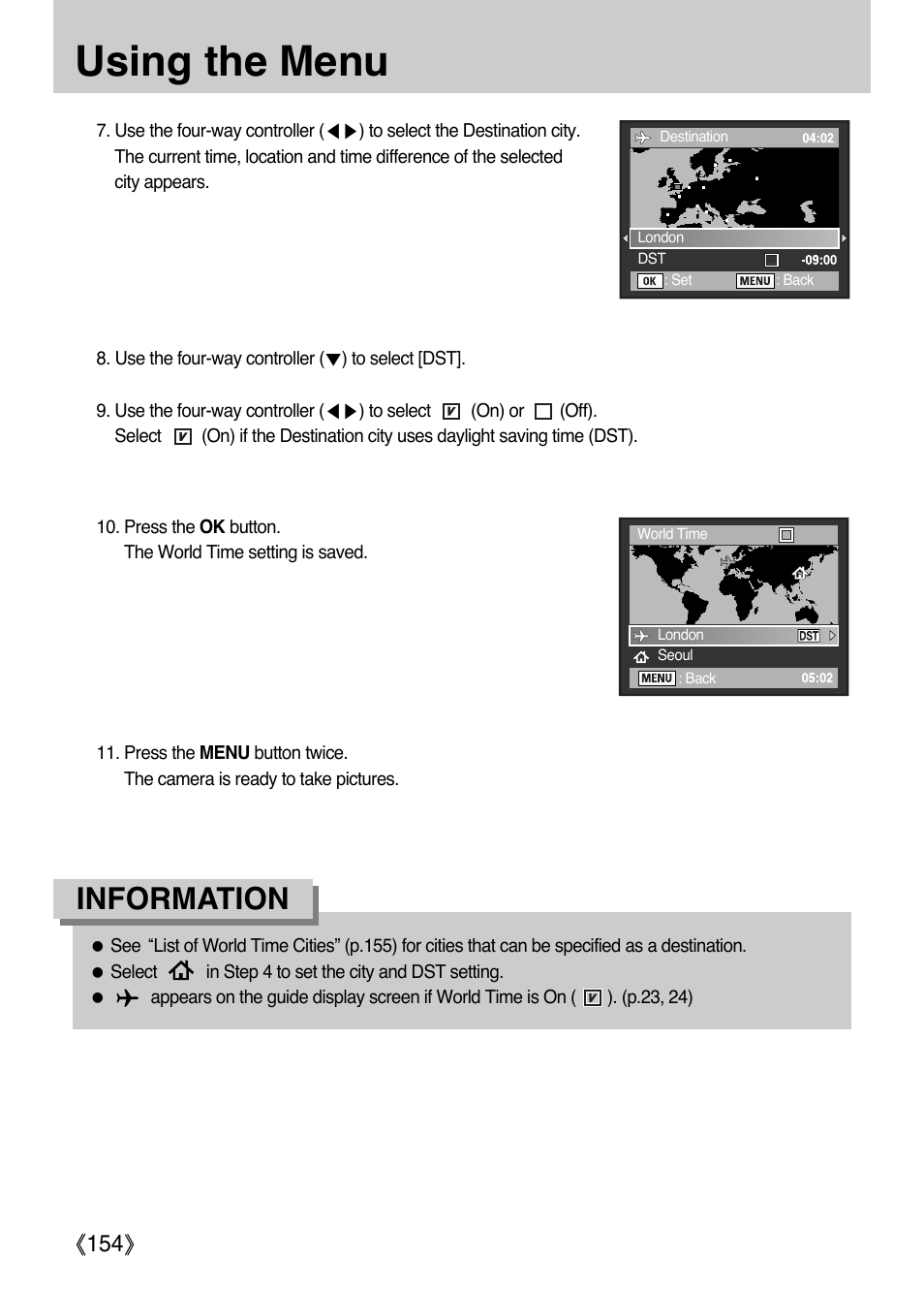 Using the menu, Information, Ŝ154ş | Samsung Digital Camera (empowered to achieve) User Manual | Page 155 / 262