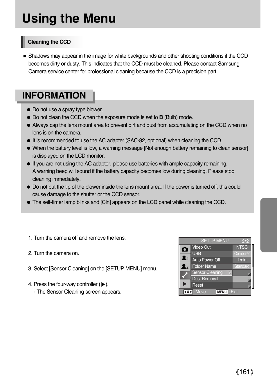 Using the menu, Information, Ŝ161ş | Samsung Digital Camera (empowered to achieve) User Manual | Page 162 / 262