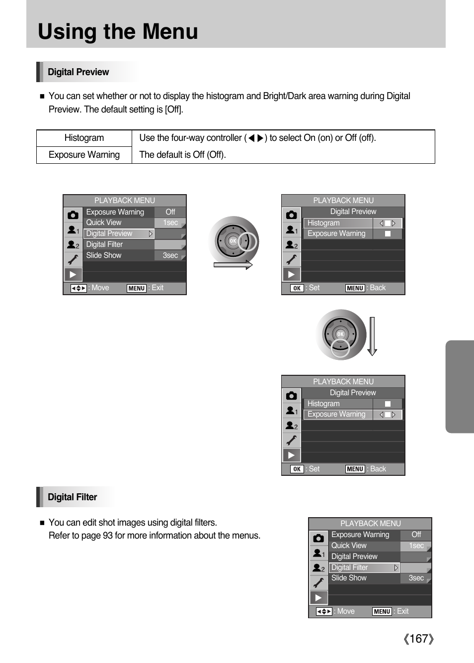 Using the menu, Ŝ167ş | Samsung Digital Camera (empowered to achieve) User Manual | Page 168 / 262