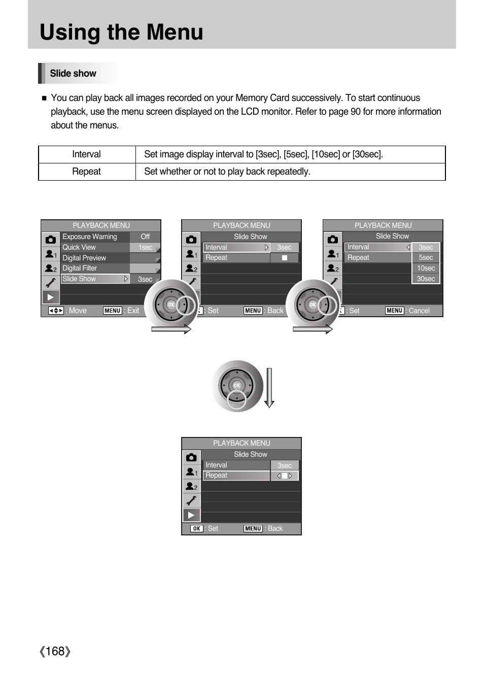 Using the menu, Ŝ168ş | Samsung Digital Camera (empowered to achieve) User Manual | Page 169 / 262