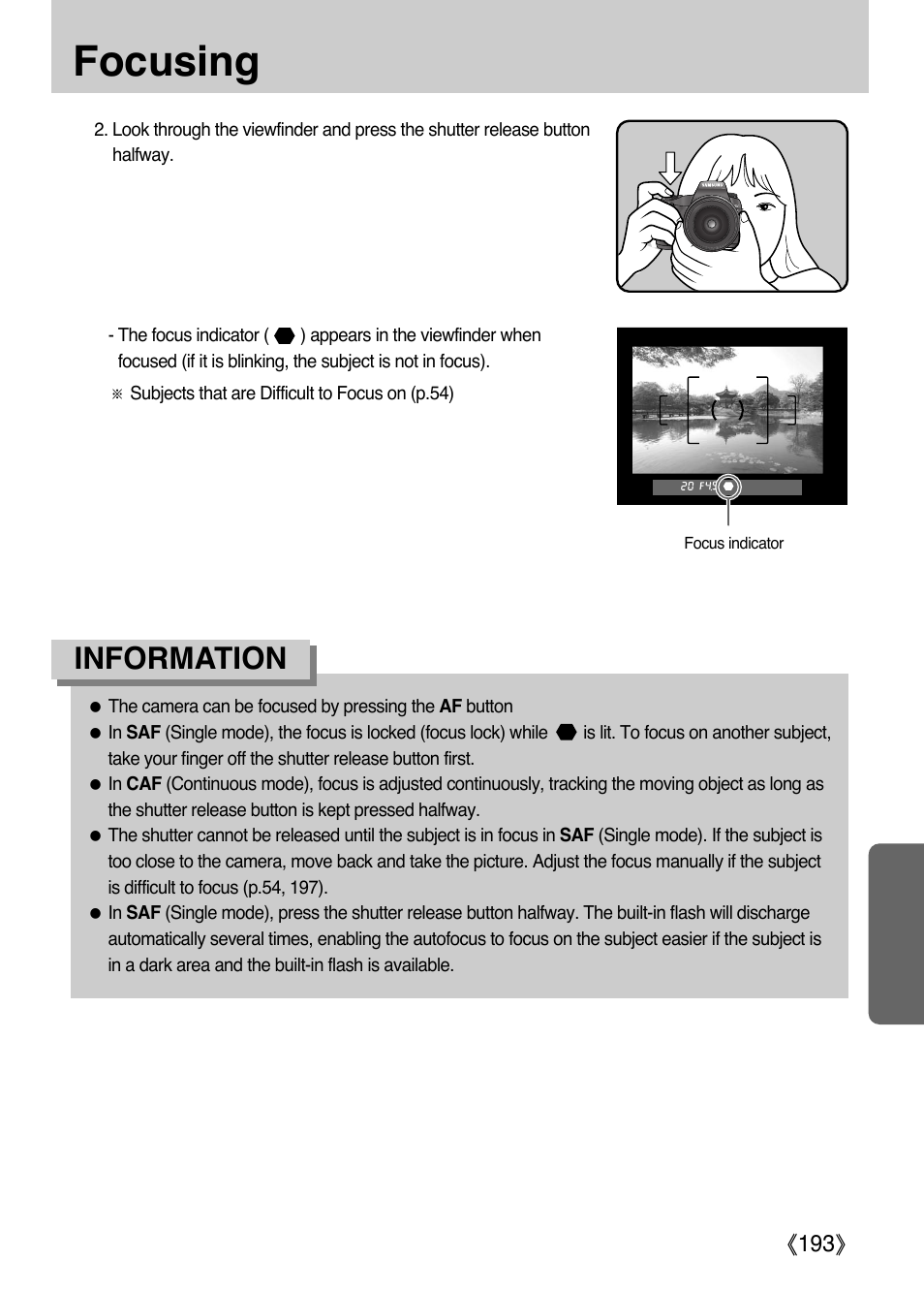 Focusing, Information | Samsung Digital Camera (empowered to achieve) User Manual | Page 194 / 262