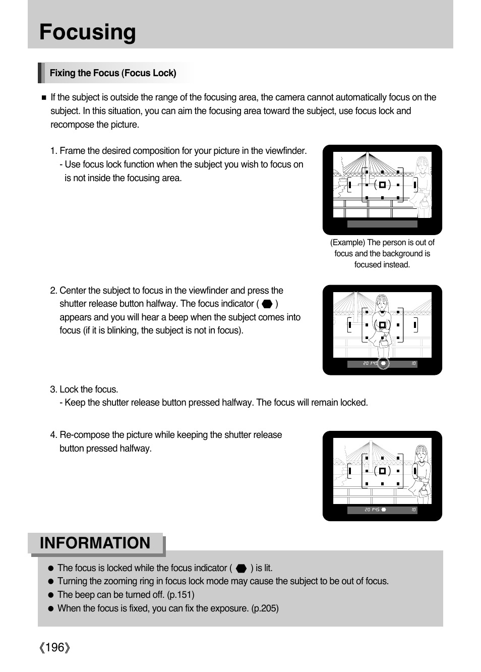 Focusing, Information | Samsung Digital Camera (empowered to achieve) User Manual | Page 197 / 262