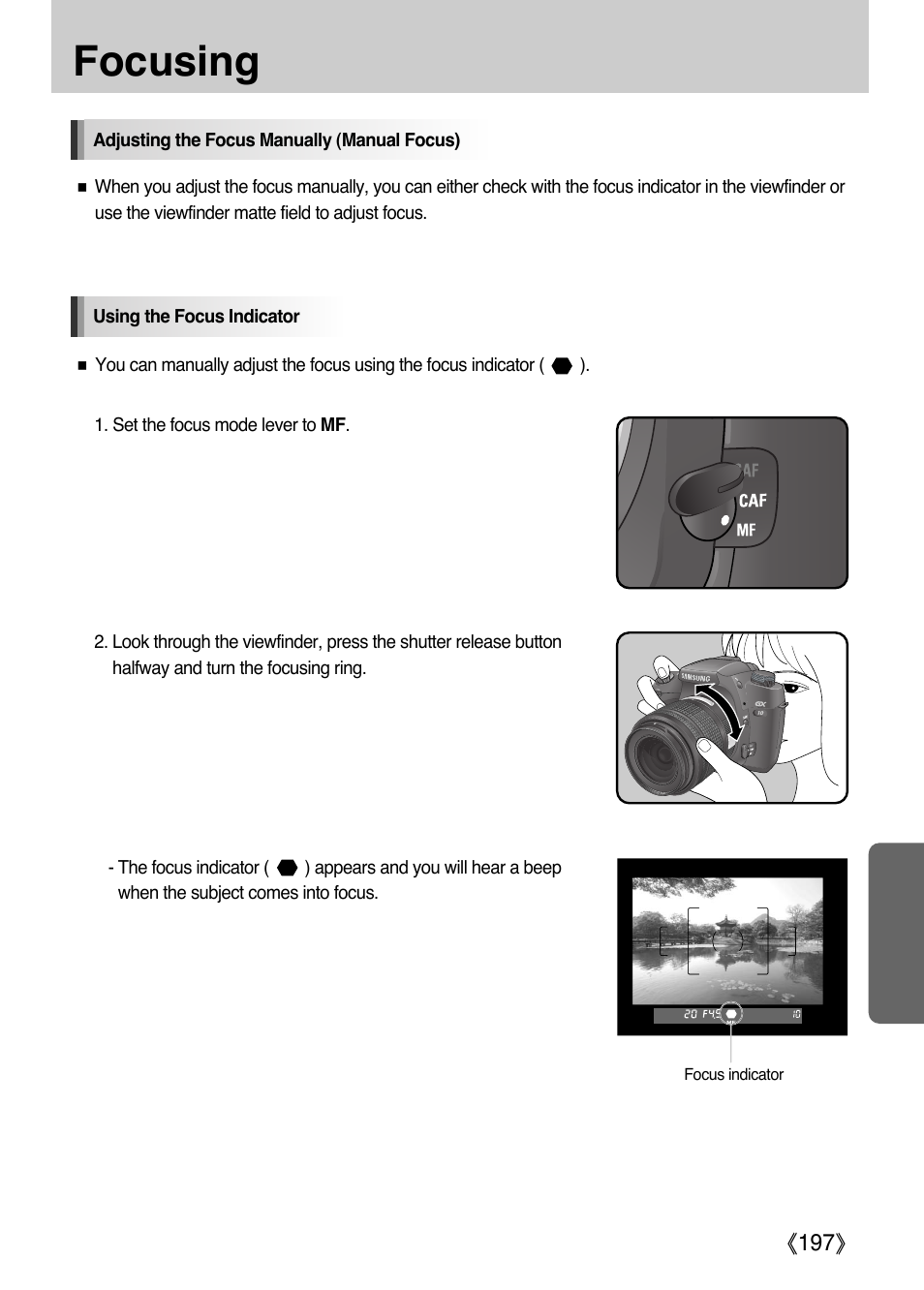 Focusing | Samsung Digital Camera (empowered to achieve) User Manual | Page 198 / 262