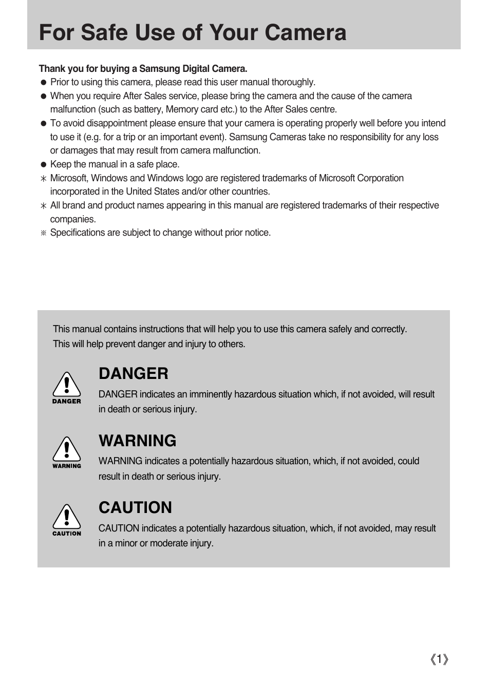 For safe use of your camera, Danger, Warning | Caution | Samsung Digital Camera (empowered to achieve) User Manual | Page 2 / 262