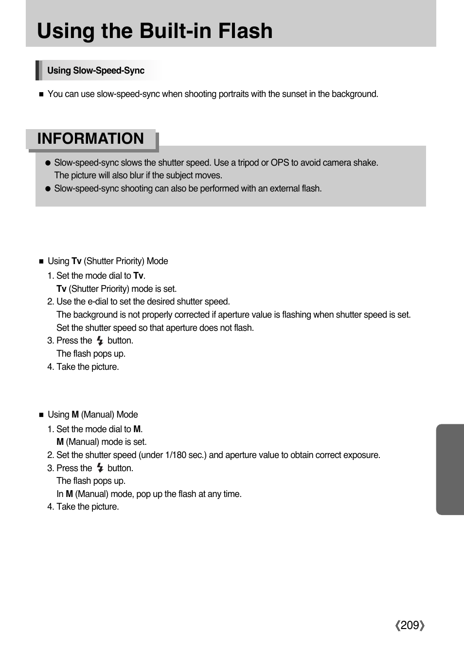 Using the built-in flash, Information | Samsung Digital Camera (empowered to achieve) User Manual | Page 210 / 262