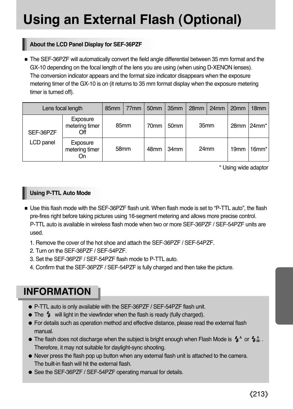 Using an external flash (optional), Information, Ŝ213ş | Samsung Digital Camera (empowered to achieve) User Manual | Page 214 / 262