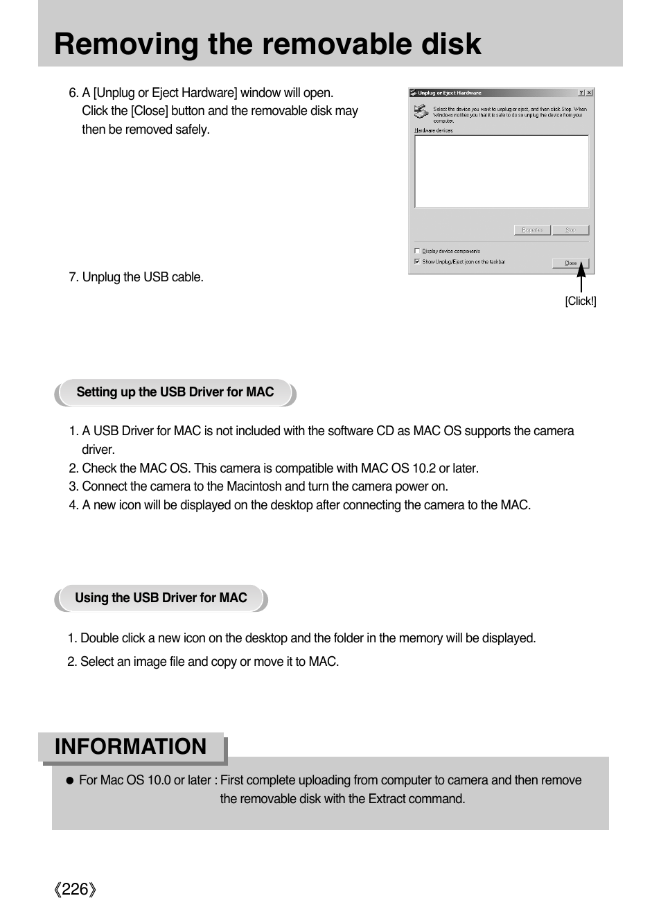 Removing the removable disk, Information | Samsung Digital Camera (empowered to achieve) User Manual | Page 227 / 262