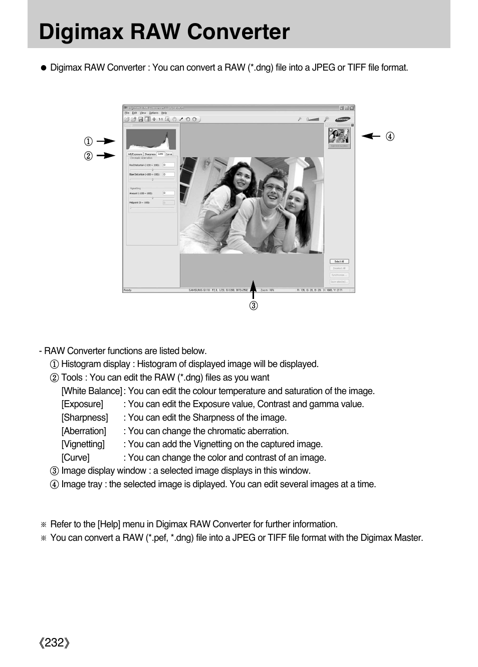 Digimax raw converter, Ŝ232ş | Samsung Digital Camera (empowered to achieve) User Manual | Page 233 / 262