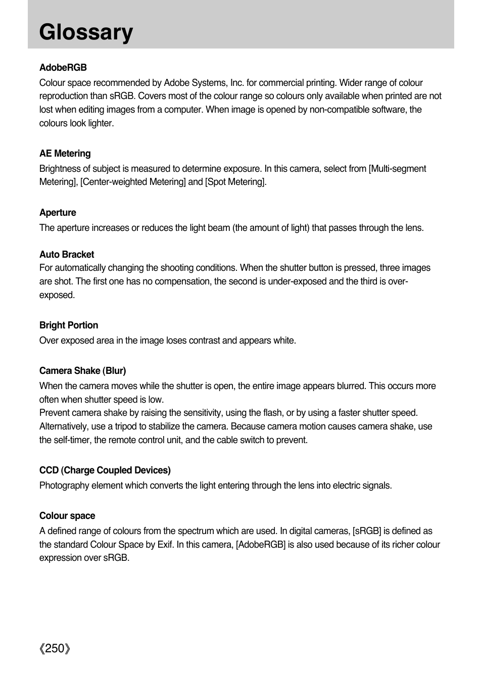 Glossary | Samsung Digital Camera (empowered to achieve) User Manual | Page 251 / 262