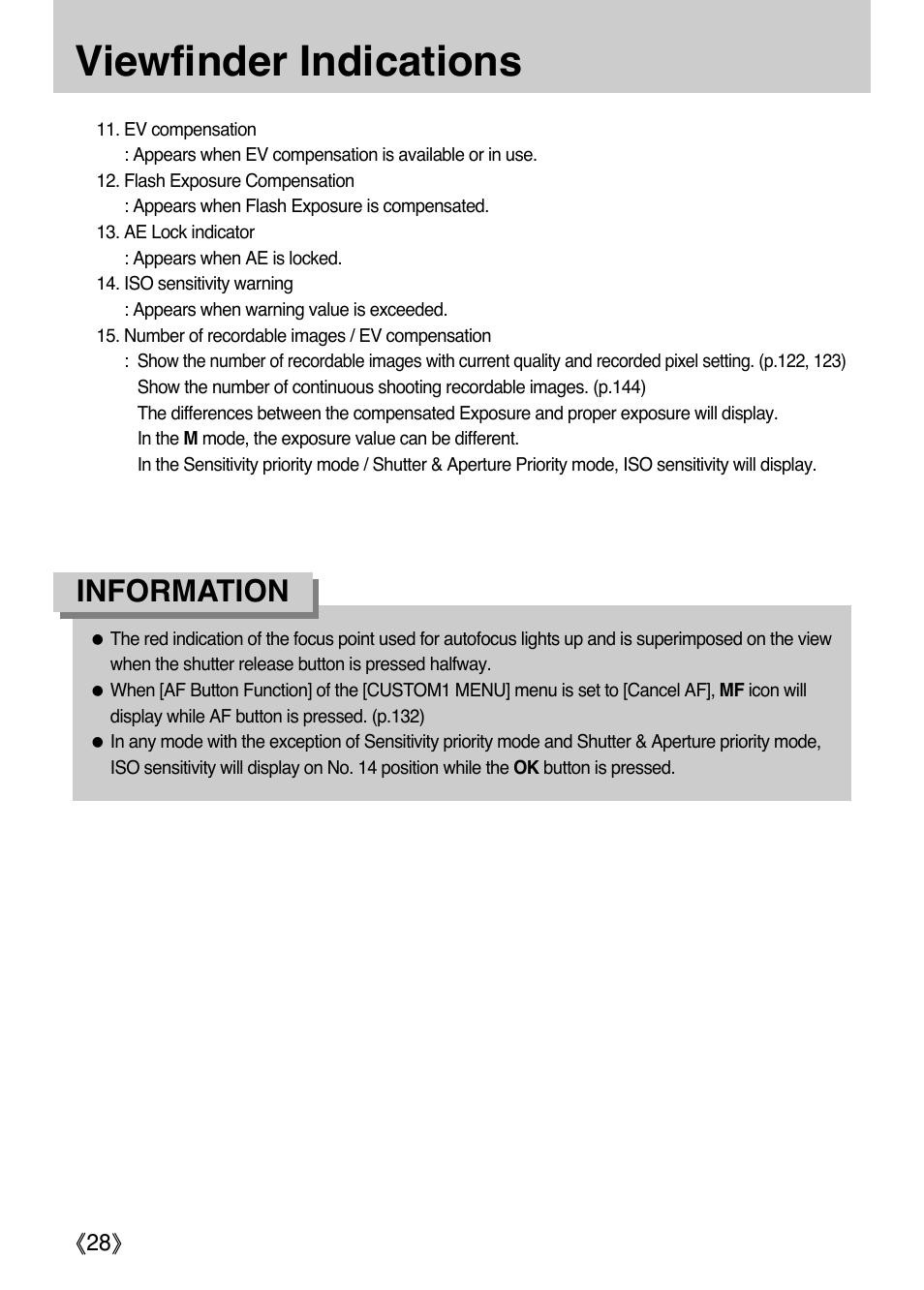 Viewfinder indications, Information | Samsung Digital Camera (empowered to achieve) User Manual | Page 29 / 262