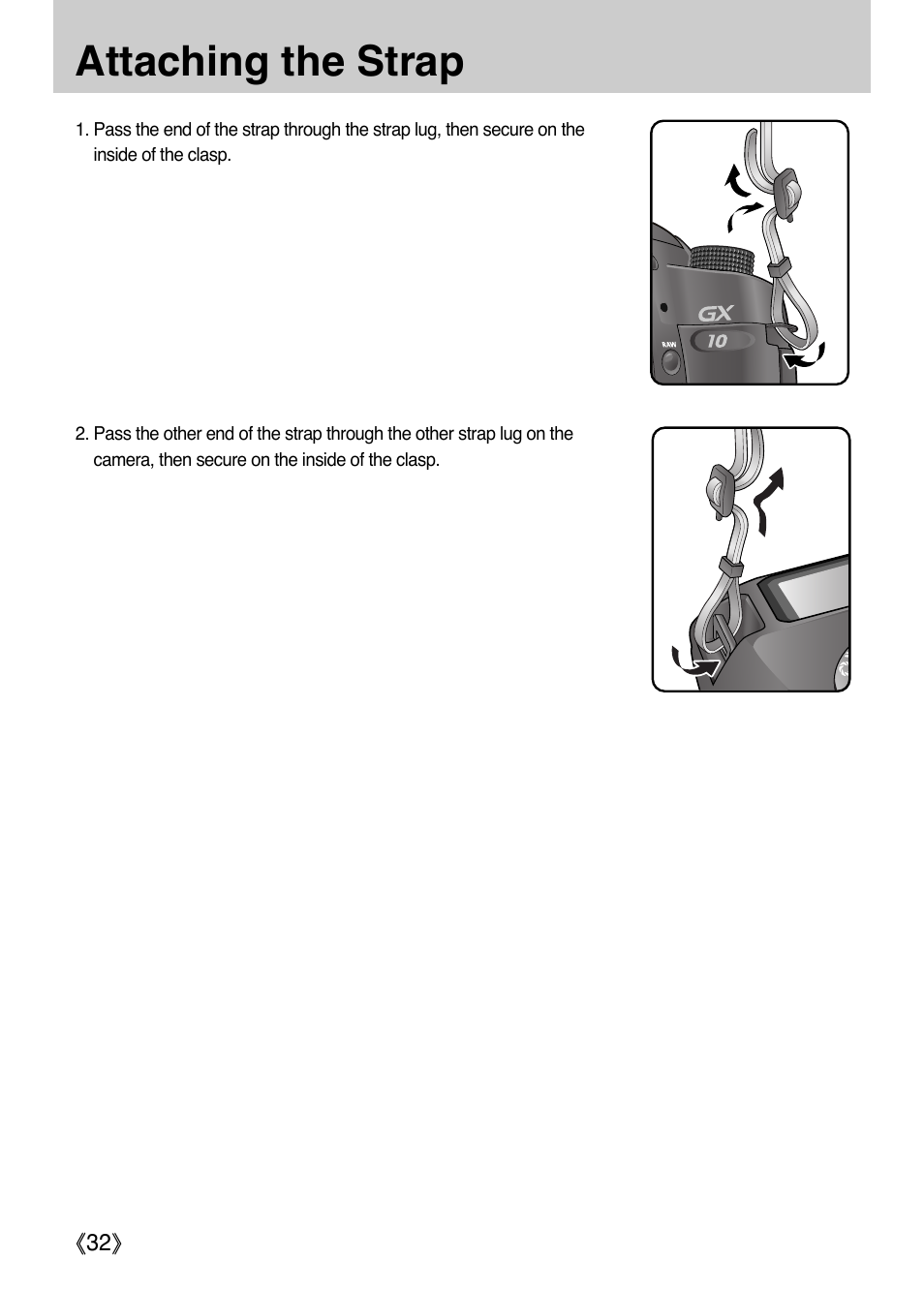 Attaching the strap | Samsung Digital Camera (empowered to achieve) User Manual | Page 33 / 262