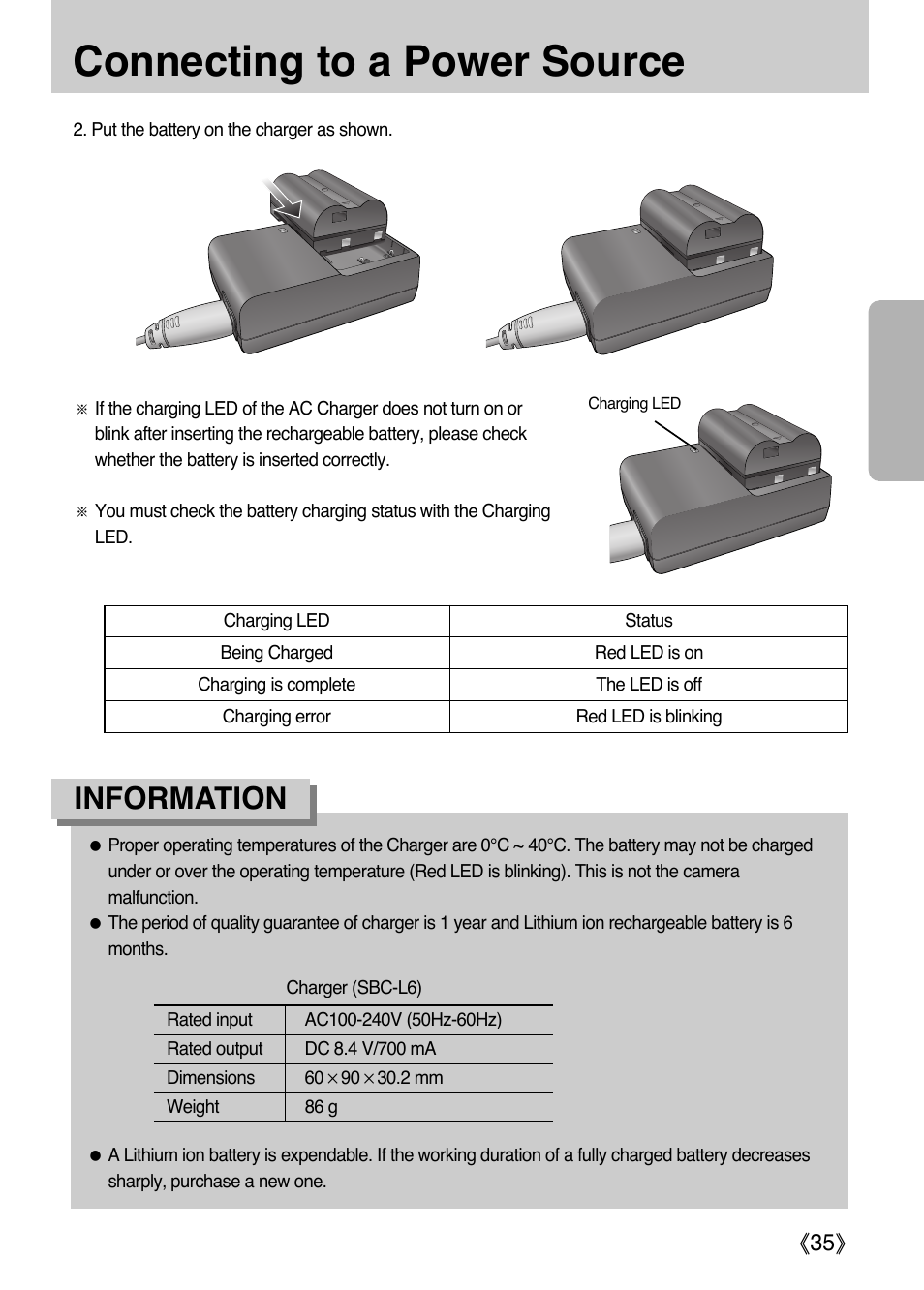 Connecting to a power source, Information, Ŝ35ş | Samsung Digital Camera (empowered to achieve) User Manual | Page 36 / 262