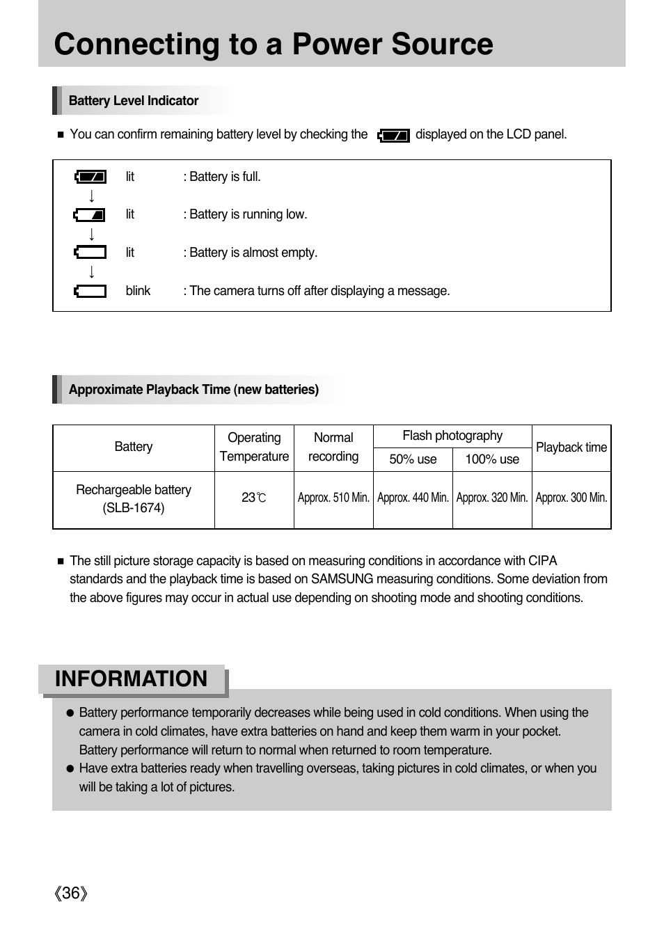 Connecting to a power source, Information, Ŝ36ş | Samsung Digital Camera (empowered to achieve) User Manual | Page 37 / 262