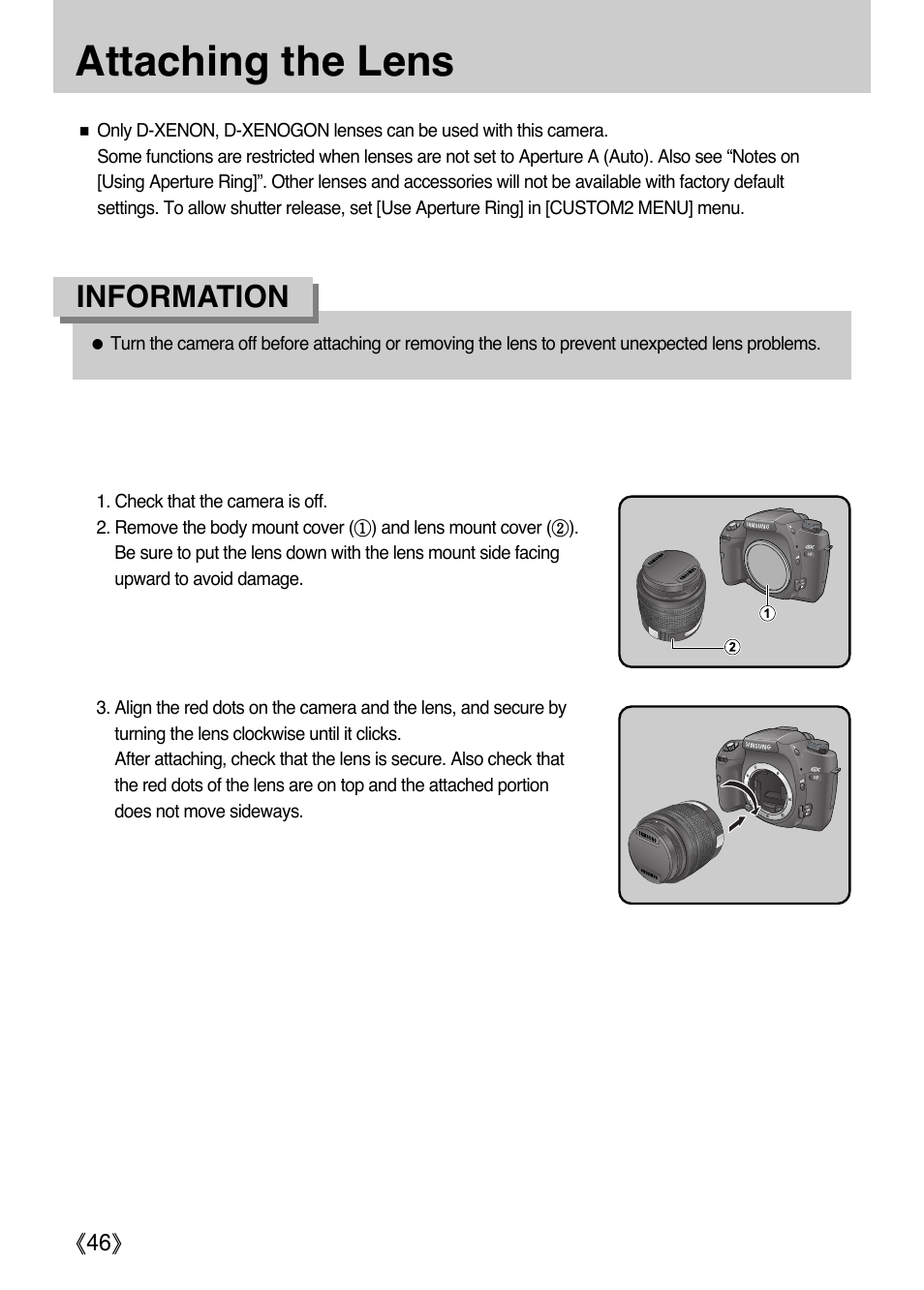 Attaching the lens, Information | Samsung Digital Camera (empowered to achieve) User Manual | Page 47 / 262