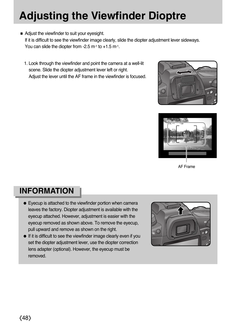 Adjusting the viewfinder dioptre, Information, Ŝ48ş | Samsung Digital Camera (empowered to achieve) User Manual | Page 49 / 262