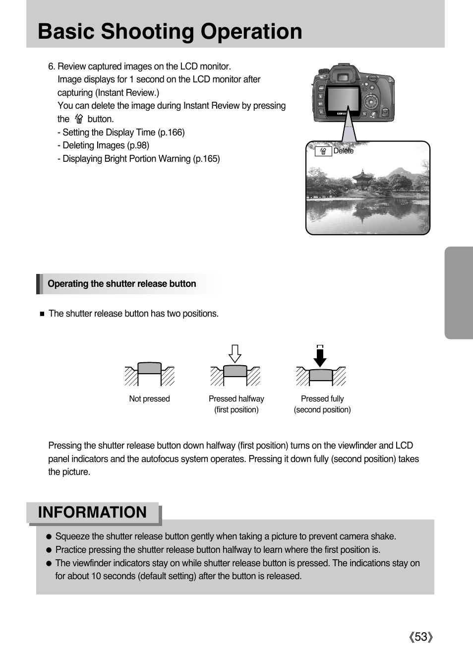 Basic shooting operation, Information, Ŝ53ş | Samsung Digital Camera (empowered to achieve) User Manual | Page 54 / 262