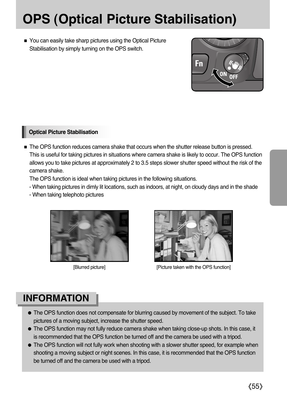 Ops (optical picture stabilisation), Information | Samsung Digital Camera (empowered to achieve) User Manual | Page 56 / 262