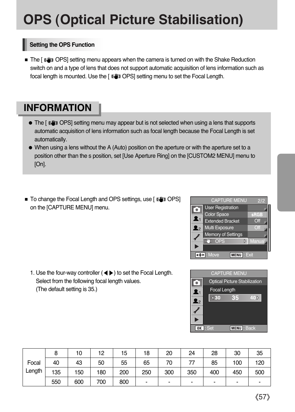 Ops (optical picture stabilisation), Information, Ŝ57ş | Samsung Digital Camera (empowered to achieve) User Manual | Page 58 / 262