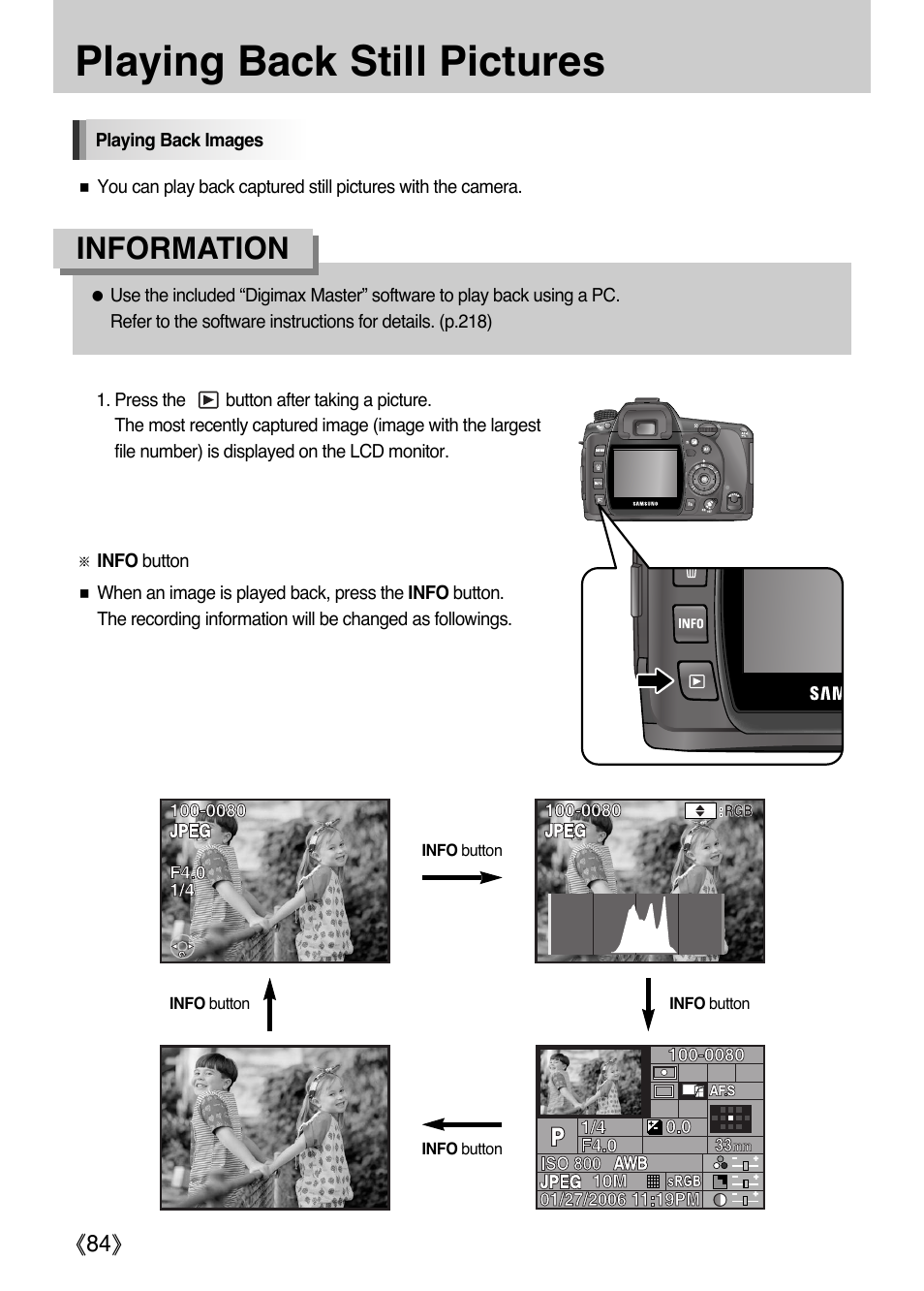 Playing back still pictures, Information | Samsung Digital Camera (empowered to achieve) User Manual | Page 85 / 262