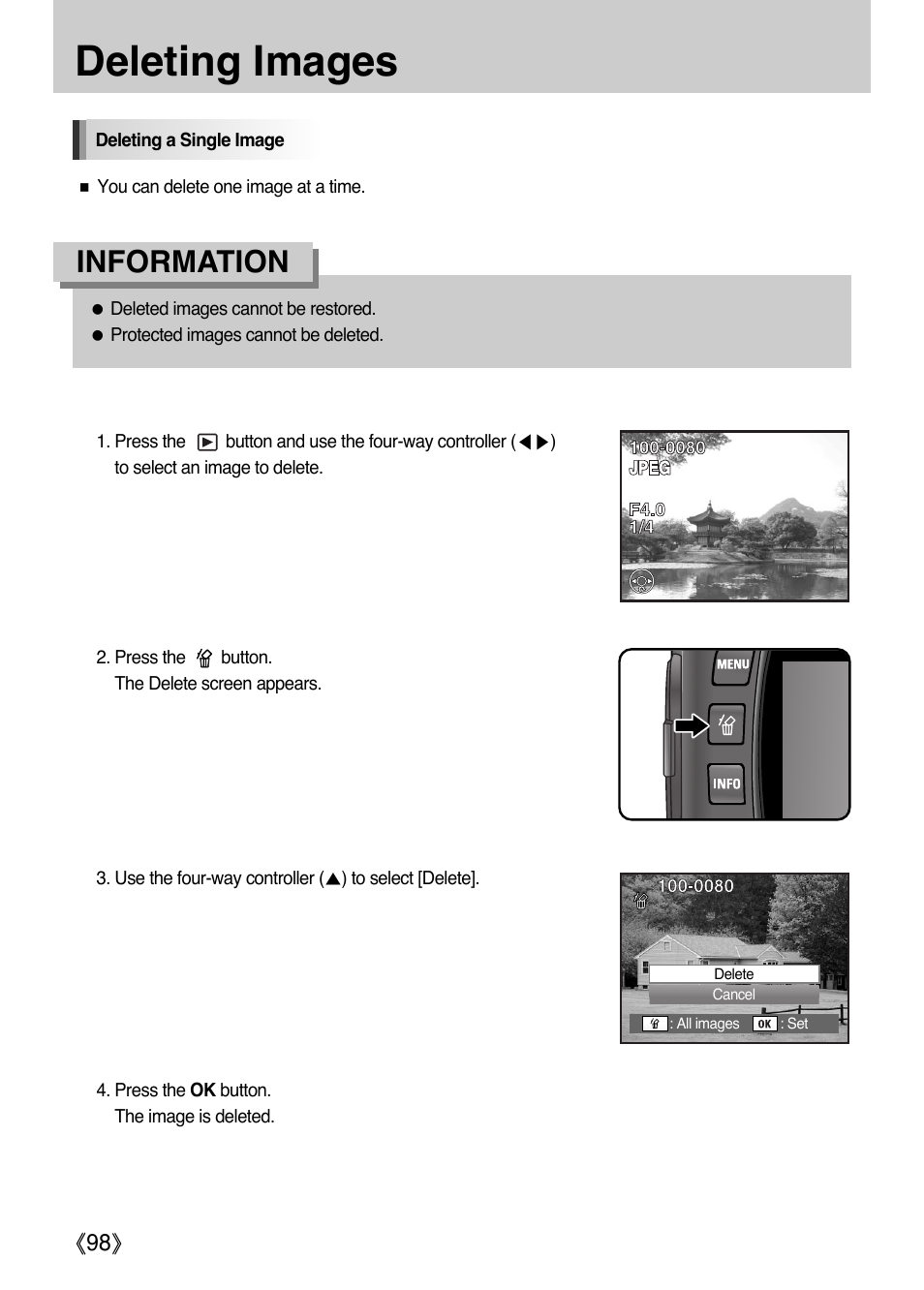 Deleting images, Information, Ŝ98ş | Samsung Digital Camera (empowered to achieve) User Manual | Page 99 / 262