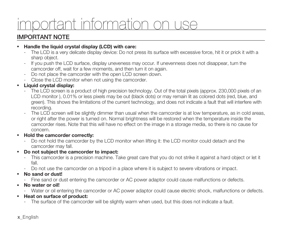 Important information on use, Important note | Samsung SMX-C10RN-XAC User Manual | Page 10 / 143
