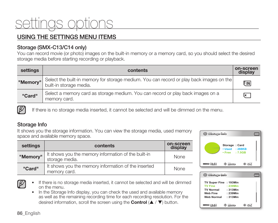 Using the settings menu items, Storage (smx-c13/c14 only), Storage info | Settings options, Storage, Smx-c13/c14 only) | Samsung SMX-C10RN-XAC User Manual | Page 100 / 143