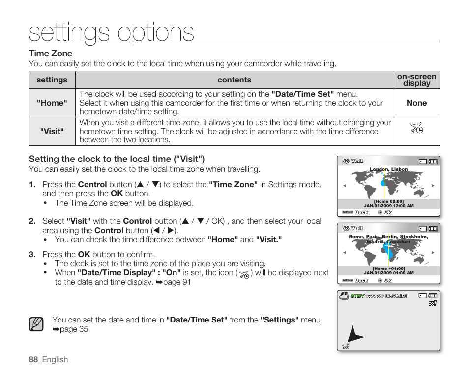 Time zone, Settings options, Setting the clock to the local time ("visit") | Samsung SMX-C10RN-XAC User Manual | Page 102 / 143