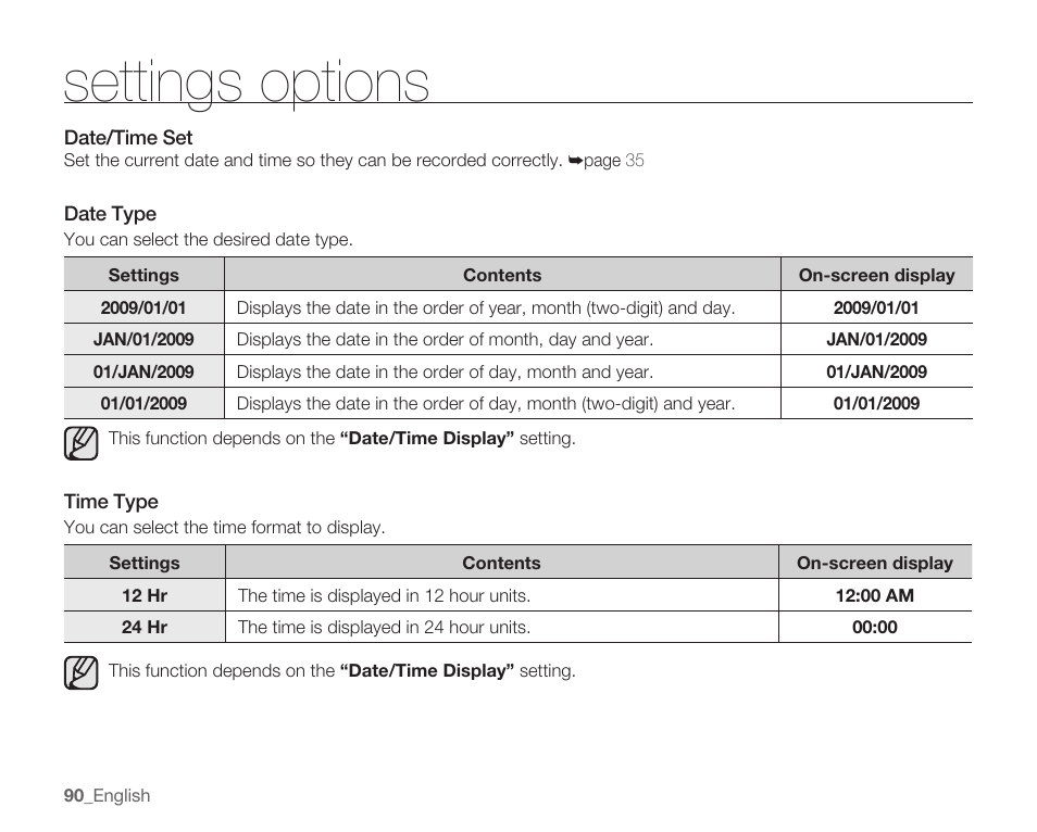 Date/time set, Date type, Time type | Settings options | Samsung SMX-C10RN-XAC User Manual | Page 104 / 143