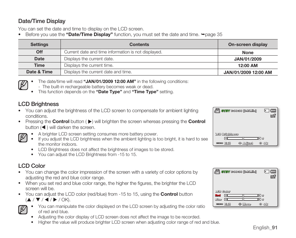 Date/time display, Lcd brightness, Lcd color | Samsung SMX-C10RN-XAC User Manual | Page 105 / 143