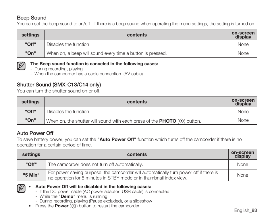 Beep sound, Shutter sound (smx-c13/c14 only), Auto power off | Samsung SMX-C10RN-XAC User Manual | Page 107 / 143