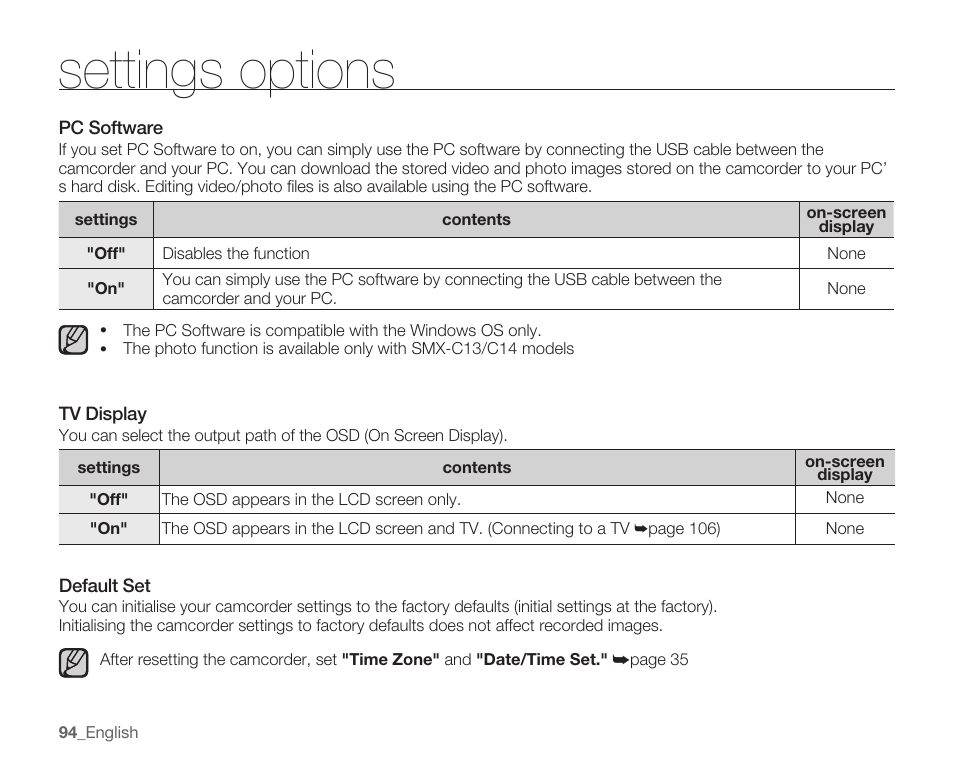 Pc software, Tv display, Default set | Settings options | Samsung SMX-C10RN-XAC User Manual | Page 108 / 143