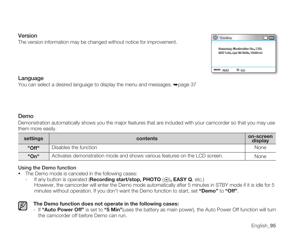 Version, Language, Demo | Samsung SMX-C10RN-XAC User Manual | Page 109 / 143